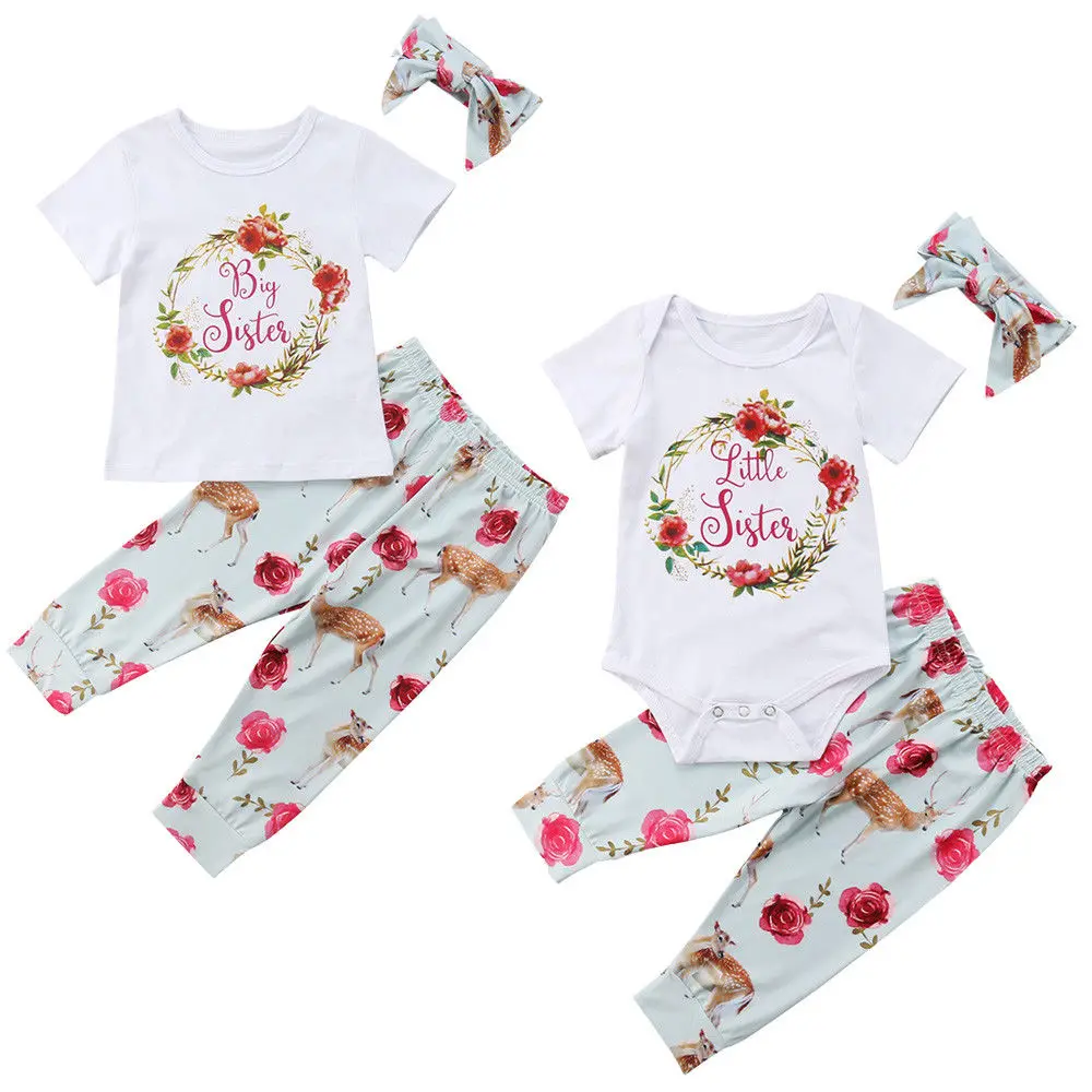 

0-6T Little Sister Big Sister Matching Outfits Newborn Kid Baby Girls Romper Top T-shirt Floral Pants Family Clothes Set