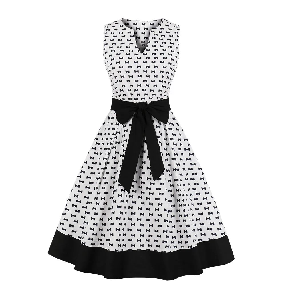 

Women Summer Dress 2019 White Bow Print Rockabilly Dress Elegant V Neck Belted Retro Robe Femme Black Hem Pin Up Vintage Dresses