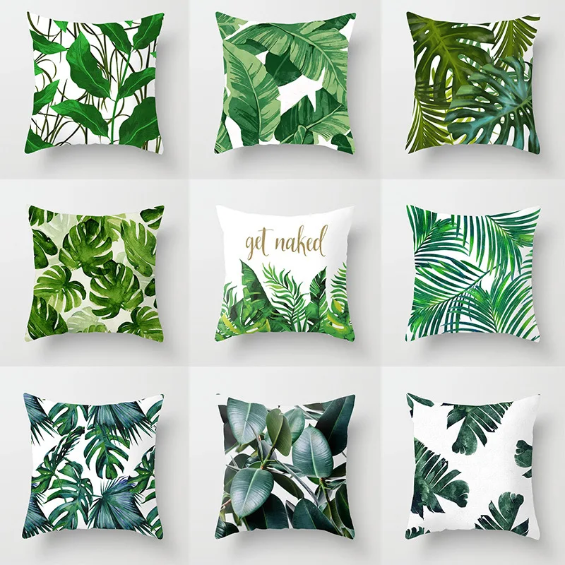 

Tropical Plants Palm Leaf Green Leaves Monstera Cushion Covers Hibiscus Flower Cushion Cover Decorative Beige Linen Pillow Case