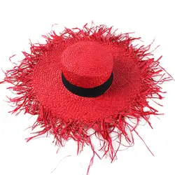 Raffia шляпы от солнца грубые края широкие поля, из соломы шляпы модные плоские верхние Пляжные Шляпы красный