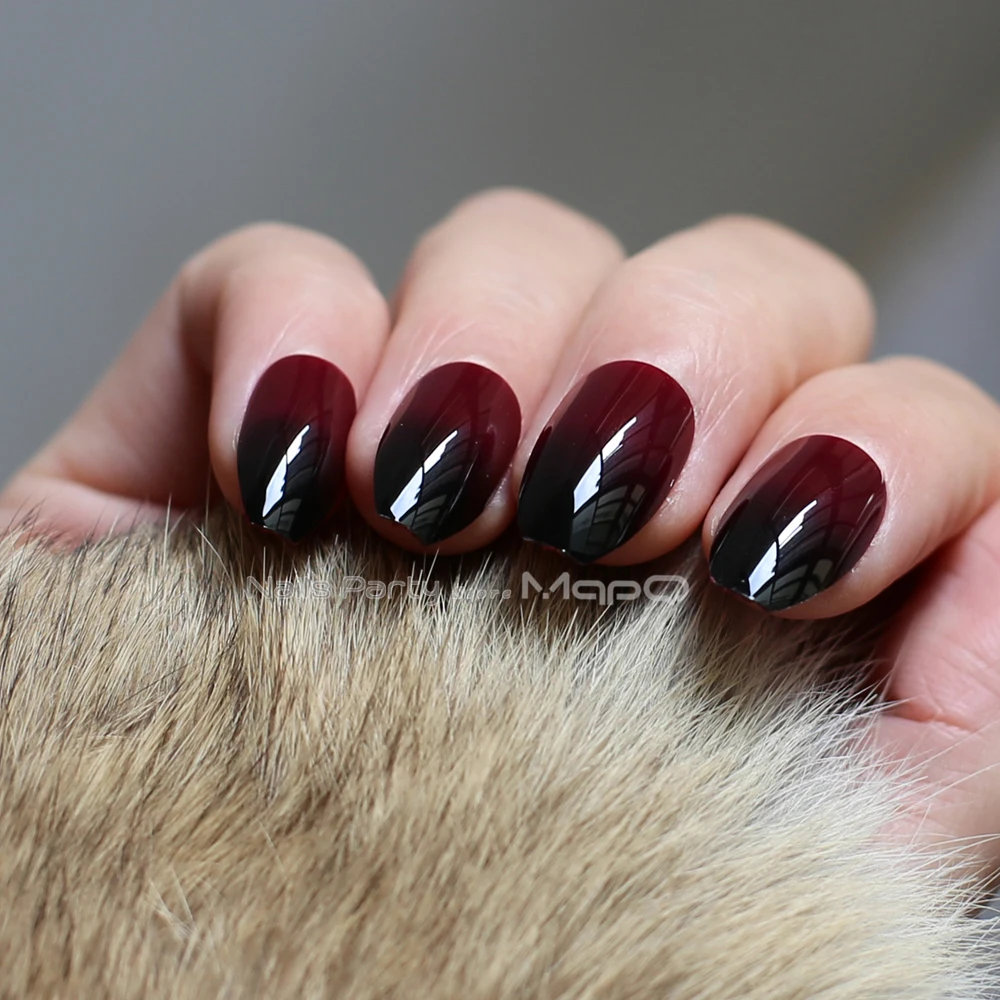 Coffin Gradient Red Black Fake Nails Acrylic Nude Medium False Nails Point Tip 24pcs Full Sets Natural Ballet Simple False Nails Aliexpress