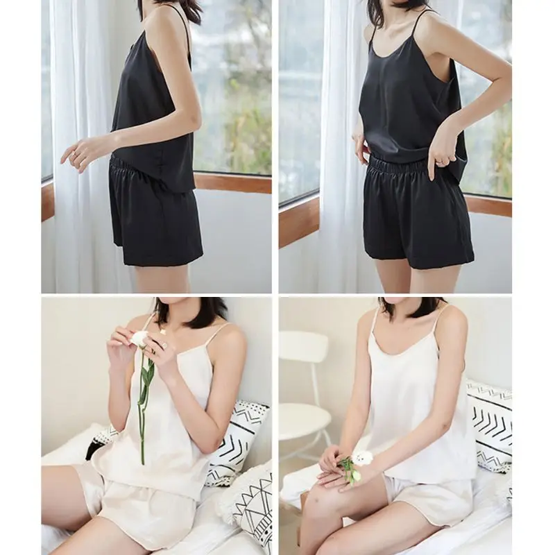 

6 Colors Women Plus Size Summer Ice Silk Two Piece Pajamas Set Spaghetti Straps Camisole Wide Leg Shorts Loose Sleepwear L-3XL