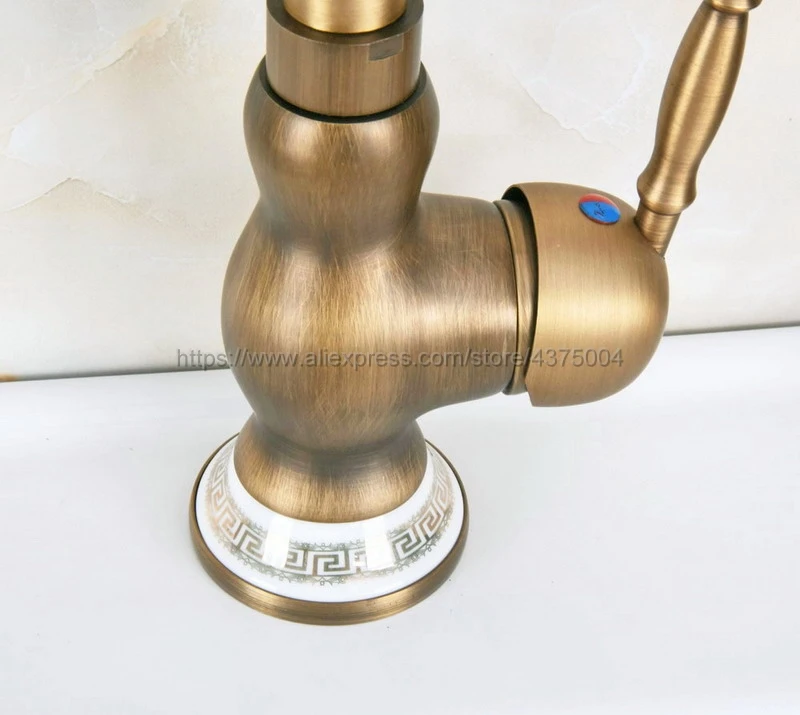 Deck Mounted Antique Brass Single Handle Hole Bathroom Sink Mixer Faucet Hot and Cold Water Mixer Tap Nnf612