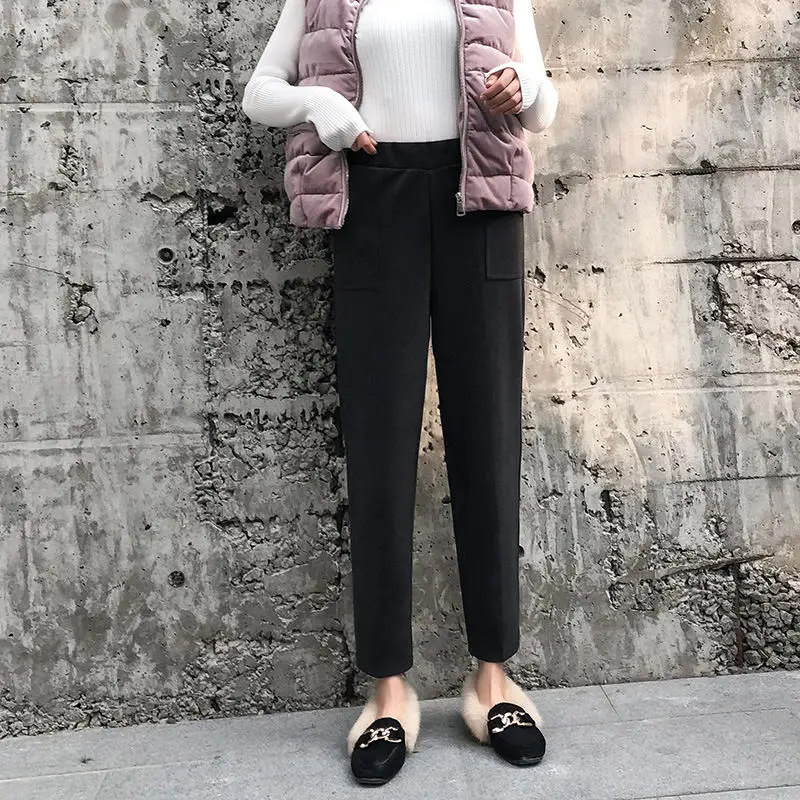 Корейские шерстяные женские брюки, зимние женские брюки длиной до щиколотки с высокой эластичной талией, повседневные свободные Базовые Женские брюки с двойным карманом - Цвет: dark gray