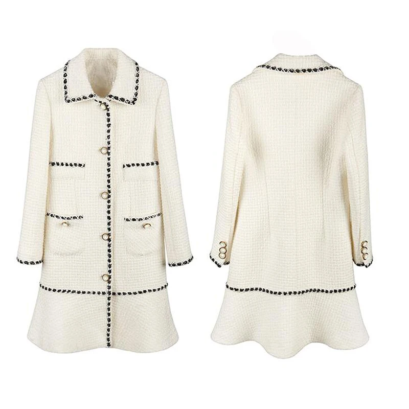 price cut  Autumn White Wool Tweed Women's Jackets Coats Single Breasted Ruffles Long Sleeve Slim Office Femal