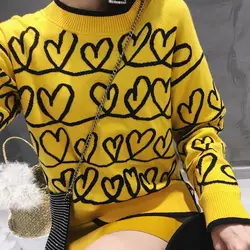 2018 зимняя улица Harajuku Сердце печати Для женщин желтый свитер Пуловеры взлетно-посадочной полосы дизайнер Рождество сладкий свитер джемпер