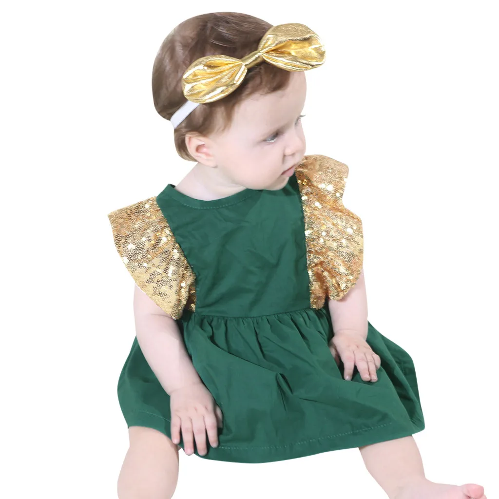 Girls Dress Vestidos Summer Sequined Bow Ruffles Red Princess Kids