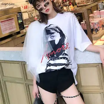 

Luxury Rivet tee shirt femme Women Mesh Spliced Shirts Casual t shirt Summer Top Tees Character Print Elegant Tshirts LT908S50