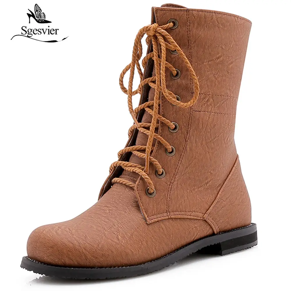 

Sgesvier Winter Fashion Flat Heel Ankle Boots Women Lace Up Warm Martin Boots Ladies Worker Boots Black Brown Size 28-52 OX973