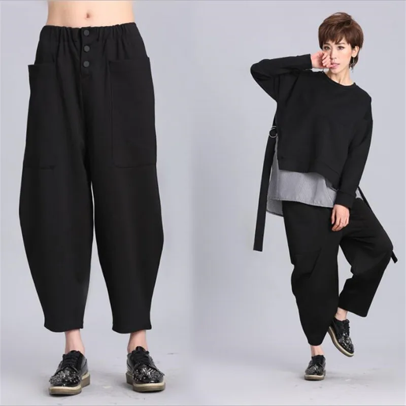 Brand Baggy Harem Pants 2018 Women Black Elastic Waist Pocket Pants ...