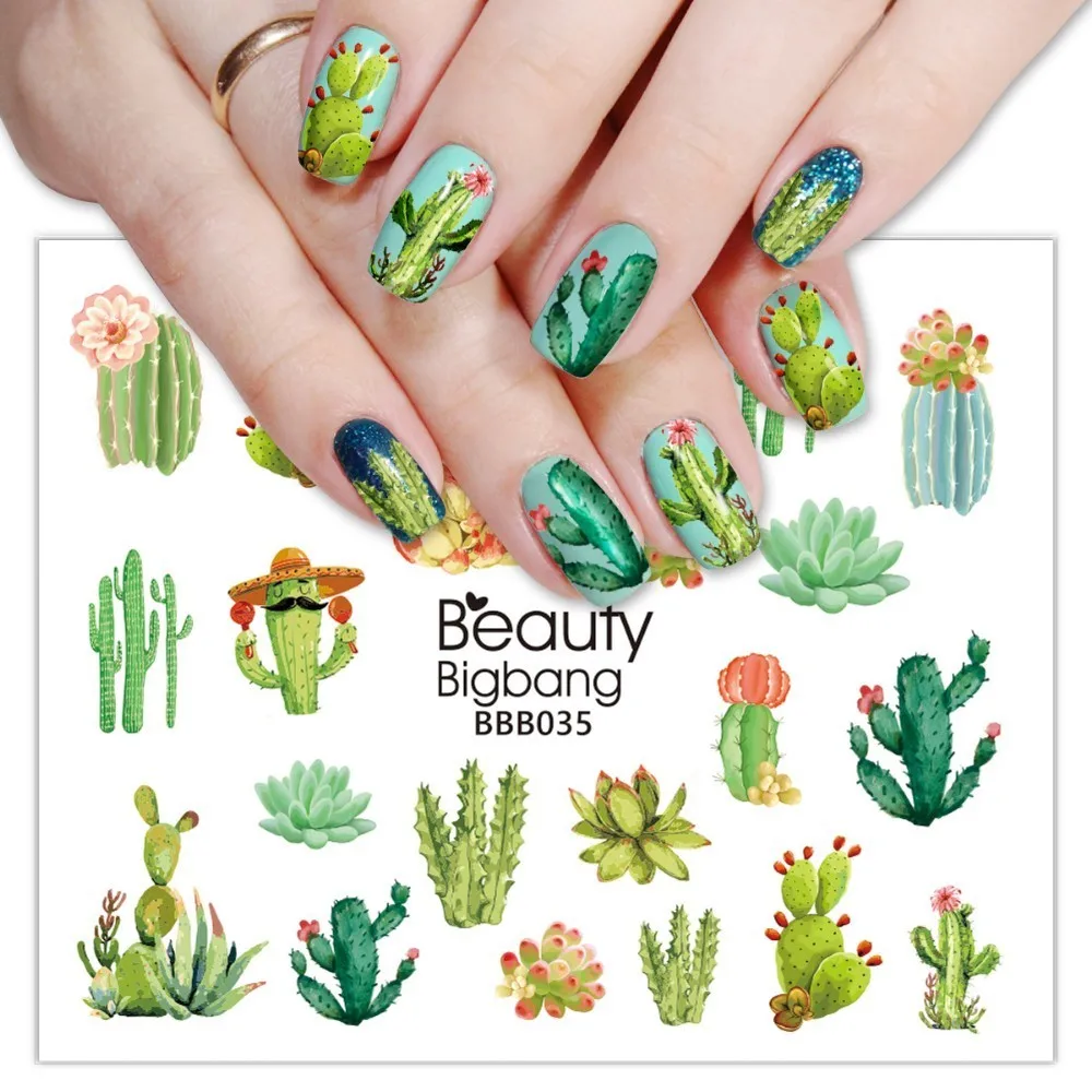 BeautyBigBang Nail Art sticker s Зеленый Кактус в горшках алоэ изображения маникюрный Водные Переводные картинки наклейки для ногтей художественные украшения обертывания BBB035