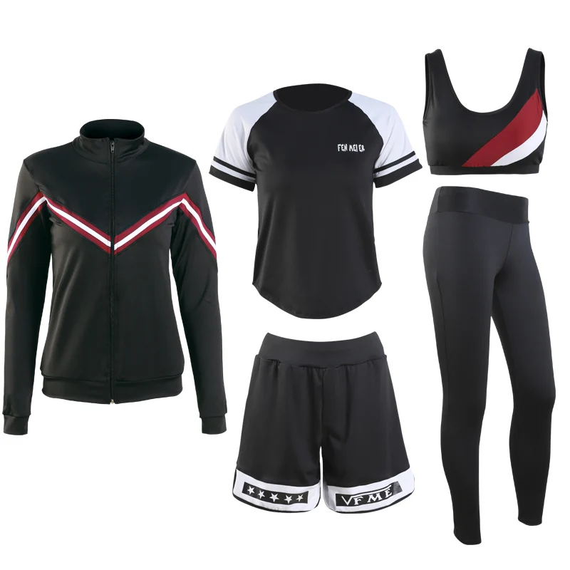 

Brand High Quality 5 in 1 set Fitness Women Yoga Set Patchwork Sport Bra & Solid Jacket Gym Clothes Sport Wear Outdoor Jogging