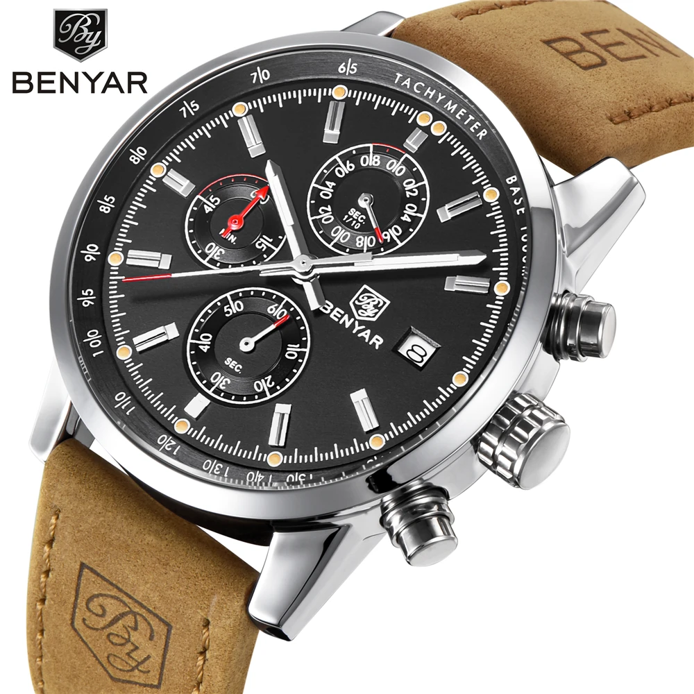 

Luxury Men's Sports Watch BENYAR Brand Calendar Chronograph Waterproof Quartz watch leather military men's watch zegarek meski