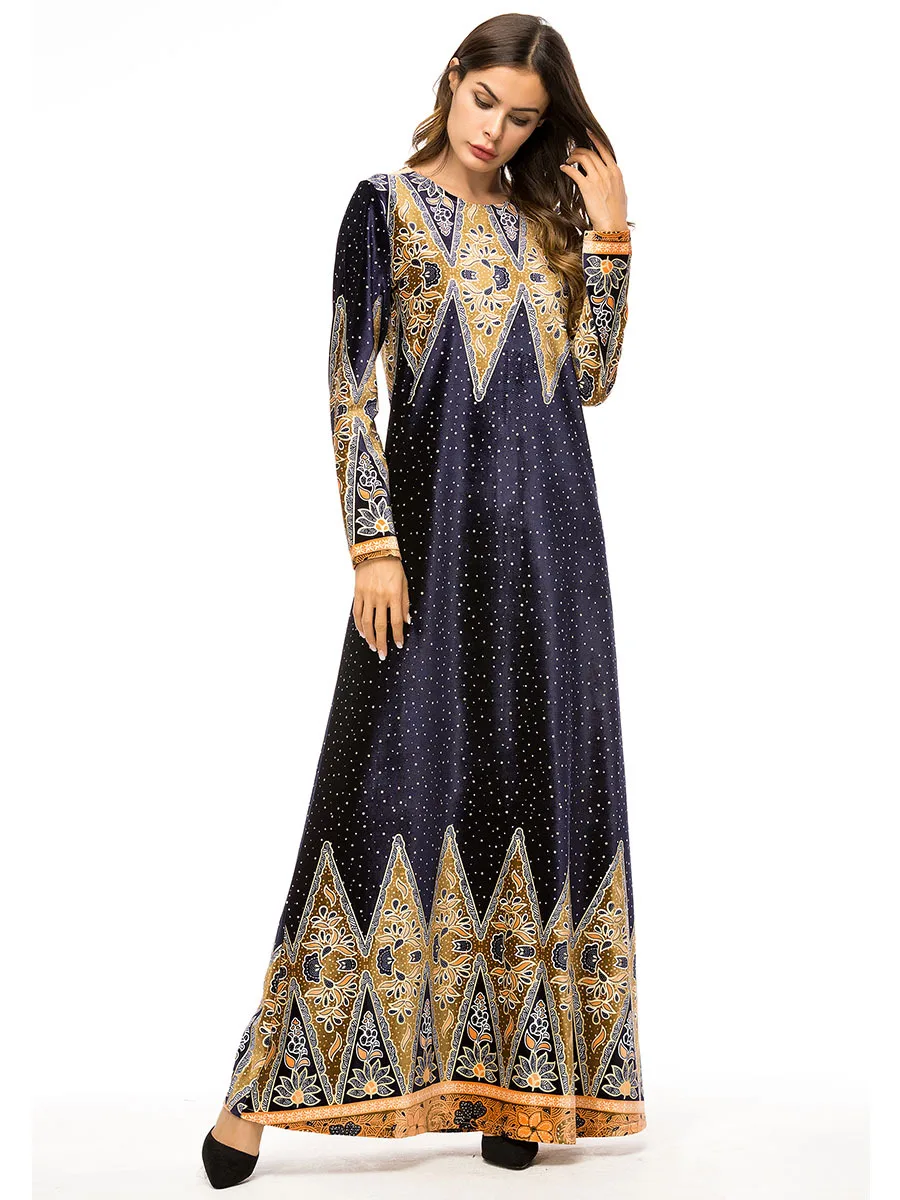 Женское Макси мусульманское платье Абая джилбаб с цветочным принтом и круглым вырезом, вечерние, Коктейльные, элегантные, в этническом стиле, кафтан, турецкая исламская одежда