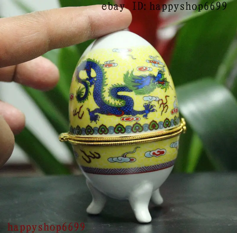 Китай Белый Фарфоровый в форме Яйца 2 Dragon Rouge Косметическая Коробка Коробка Ювелирных Изделий D