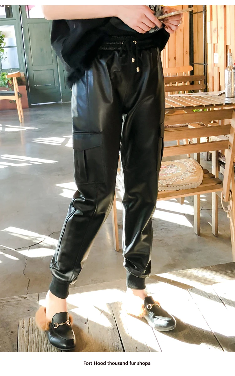 SHILO GO кожаные брюки женские весенние английские овчины из натуральной кожи брюки с завязками стрейч с высокой талией повседневные свободные коричневые брюки