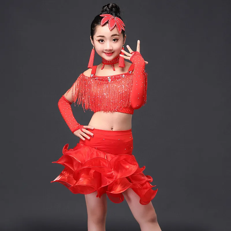 

Children's Latin dance costumes children's girls Latin dance skirt show competition costumes new sequins tassels