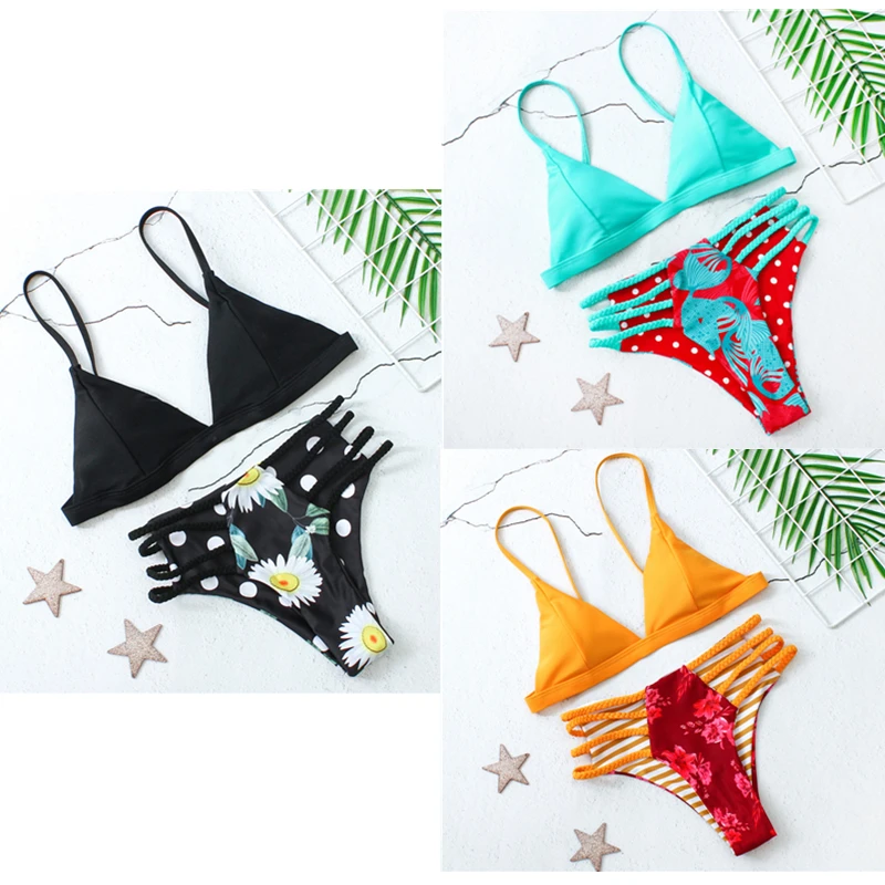 

2019 Women Sexy Bikini Set Cute Print Swimsuits Swimwear Triangle Bra Push Up Beach Swimsuit Bandage Brazilian Bathing Suit Swim