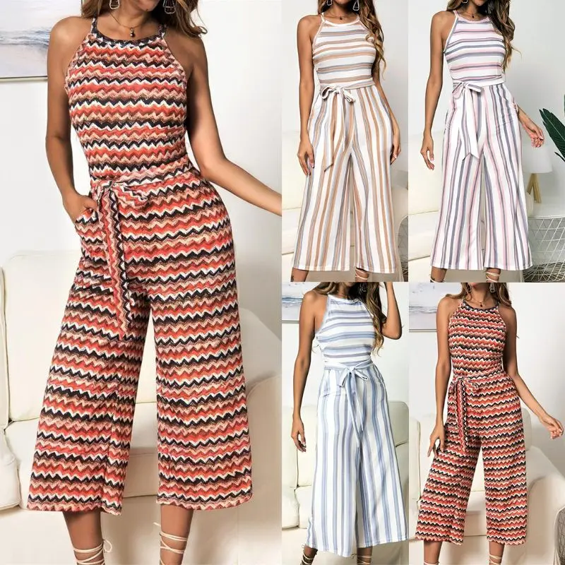 

Women Holiday Beach Sleeveless Striped Wide Leg Jumpsuit Playsuit Romper W/ Pocket