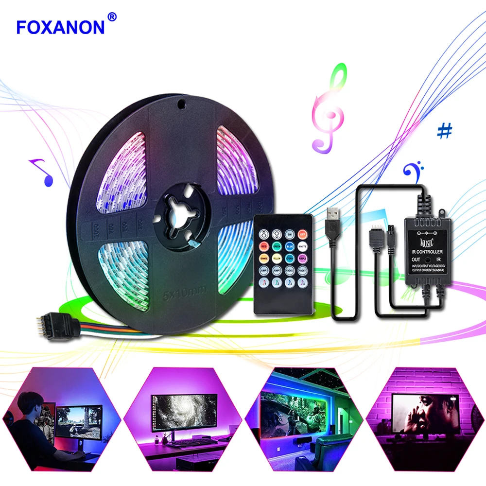 Светодиодная лента Foxanon DC5V USB 5050 2835 RGB звуковой датчик ИК пульт дистанционного