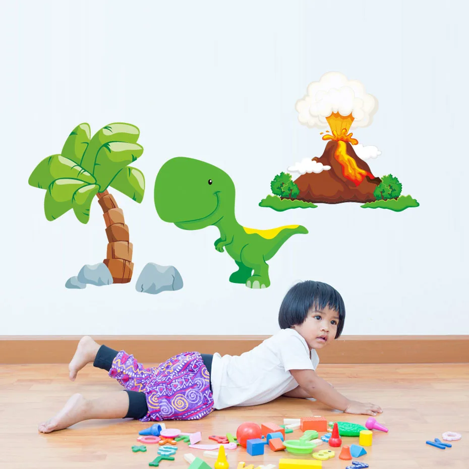 3d Cartoon Dinosaur Wall Sticker Cute Baby Dinosaurs Tree Volcanic