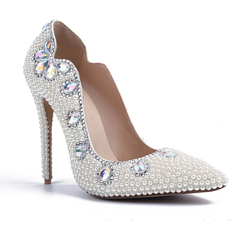 Свадебные женские туфли с жемчугом с острым носком из натуральной кожи удобные модельные туфли для невесты вечерние туфли-лодочки размеры 34–41