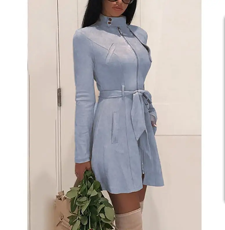  2019 Spring Long Sleeve Coat Turtleneck Sexy Mini Party Coat Suede Leather Vintage Zipper Adjustable Waist Top Women 226