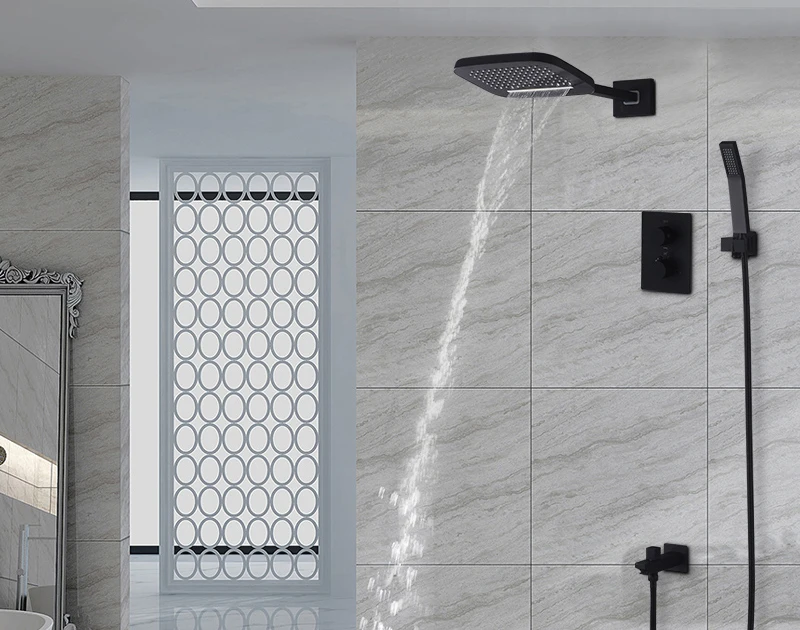 DCAN Brass Black Bathroom Rain Waterfall Shower Panel Set Thermostatic Massage System Tub Faucet with Jets & Hand Shower System (10)