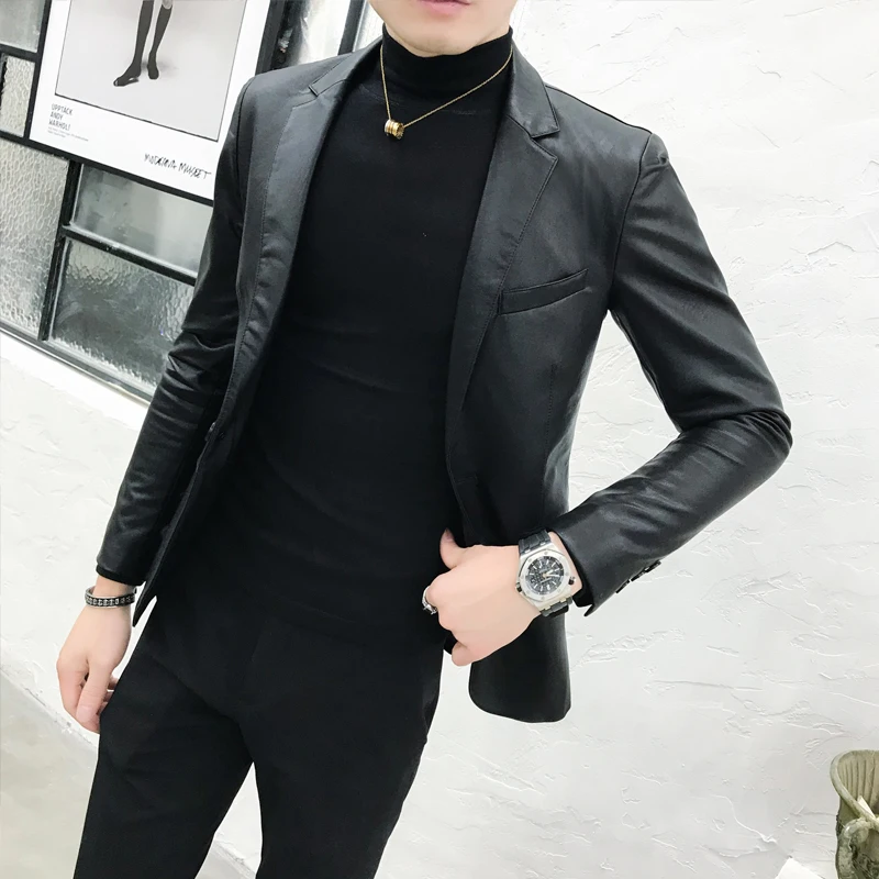 Мужская куртка из искусственной кожи с одной пуговицей деловые повседневные спортивные пиджаки для выпускного/мужской Корейский костюм пальто Однотонный черный приталенный мужской блейзер