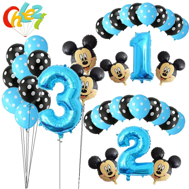 13Pcs Blue Boy Birthday Balloons Mickey Mouse party decorations Number 1 2 3 year baby shower helium Dot latex balloon Kids toy