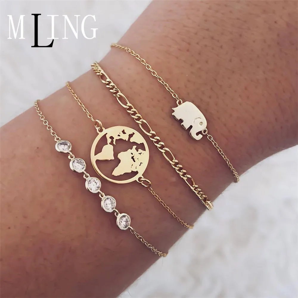 

MLING 4 Pcs/Set Bohemian Elephant World Map Bracelet Crystal Pattern Chain Multilayer Bracelet Female Party Jewelry