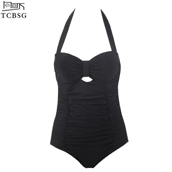 

TCBSG 2019 New Plus Size Swimwear Women One Piece Swimsuit Solid Swimwear Large Size Vintage Retro Swimsuit Bathing Suits 4XL