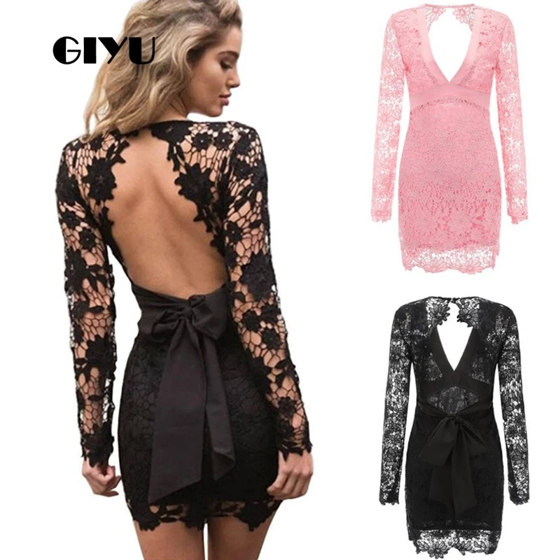 

GIYU Summer Women Long Sleeve Dress Party Mini Dresses Lace Hollow Out Vestido Lace-up Overall Sexy Backless robe femme