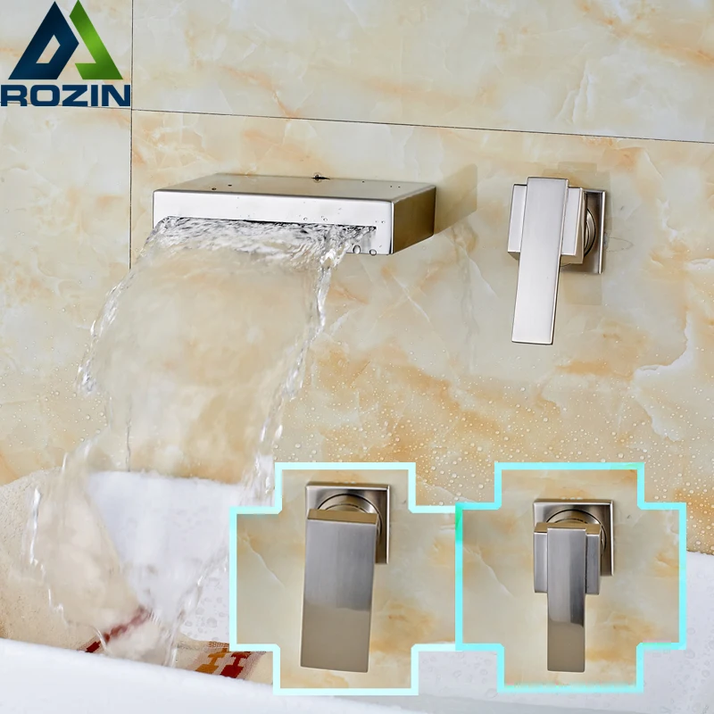 

Luxury Wall Mounted Waterfall Spout Bathroom Faucet Single Lever Brushed Nickel Basin Sink Mixer Faucet Tap