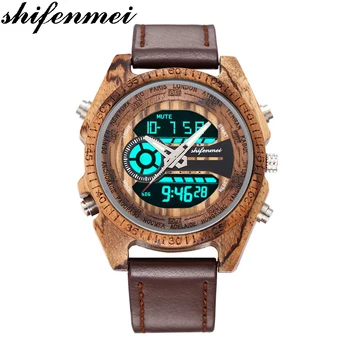 

Shifenmei Men Wood Stainless Steel Watches Luminous Hands Stop Watch Mens Quartz Double display Wristwatches in Wooden Strap