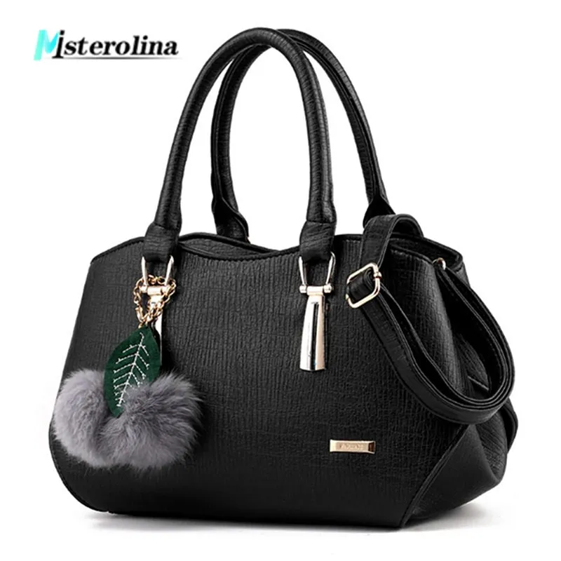 

Misterolina Women leather handbag with hairball casual totes High Quality messenger crossbody bags ladies solid TOP-handle bags