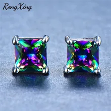 RongXing мистический огненный Радужный камень, квадратные серьги-гвоздики для женщин, 925 пробы, Серебряное наполнение, разноцветная циркониевая серьга Boho