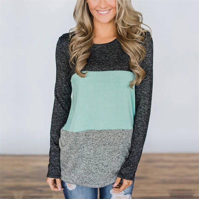 

DORVIVON Autumn Winter 2019 T Shirt Women Color Patchwork Harajuku T-Shirts Long Sleeve O-Neck Tee Tops Poleras Mujer De Moda