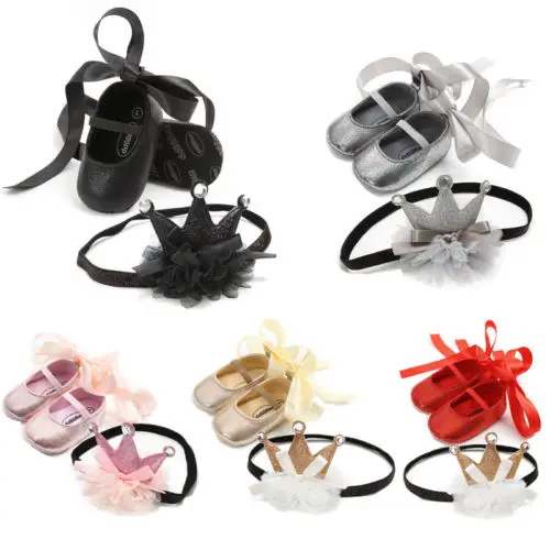 

Baby Girls Shoes Flower Bow Toddler Infant Fabric Baby Booties Headband Set