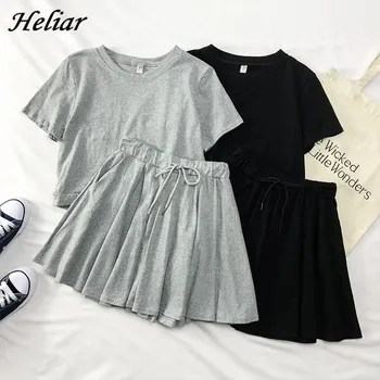 

Heliar Sets Women Cotton O-Neck T-Shirts And Skirts Women Pajama Sets Women Two Pcs Outfits Women 2020 Summer Two Pieces Sets