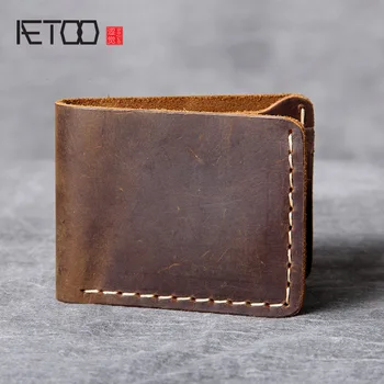 

AETOO Retro Pure handmade leather short wallet man simple head layer cowhide wallet