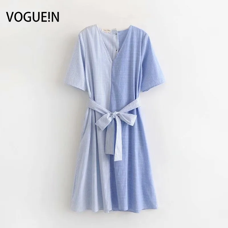 

VOGUEIN New Womens Casual Splice Striped Print V-Neck Short Sleeve Belt Midi Dress Wholesale