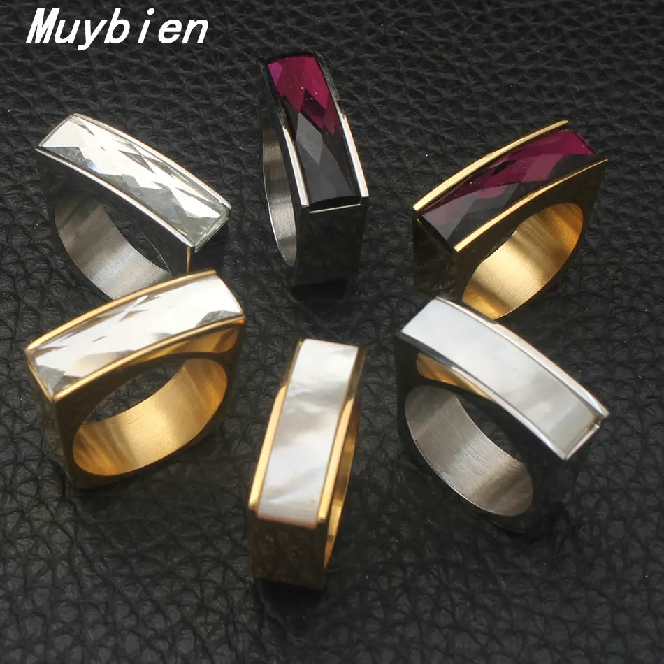 

6 style Punk Wide Shell Stainless Steel Ring Gold and Sliver Ringwith Round Tiny AAA Cubic Zirconia Stone Jewelry RBJKEEBD