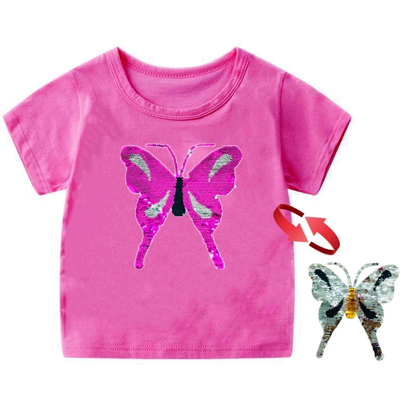 Menina do Menino Shirt das Crianças dos Desenhos 2019 Reversa Descoloração Rosto Flip Duplo Lantejoulas Borboleta Crianças Camisetas da t Animados T shirts Roupas 8 Cheap Camisetas