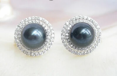 

Hot selling> wb002 AAA Genuine Tahitian black round pearls earrings -Bride jewelry free shipping