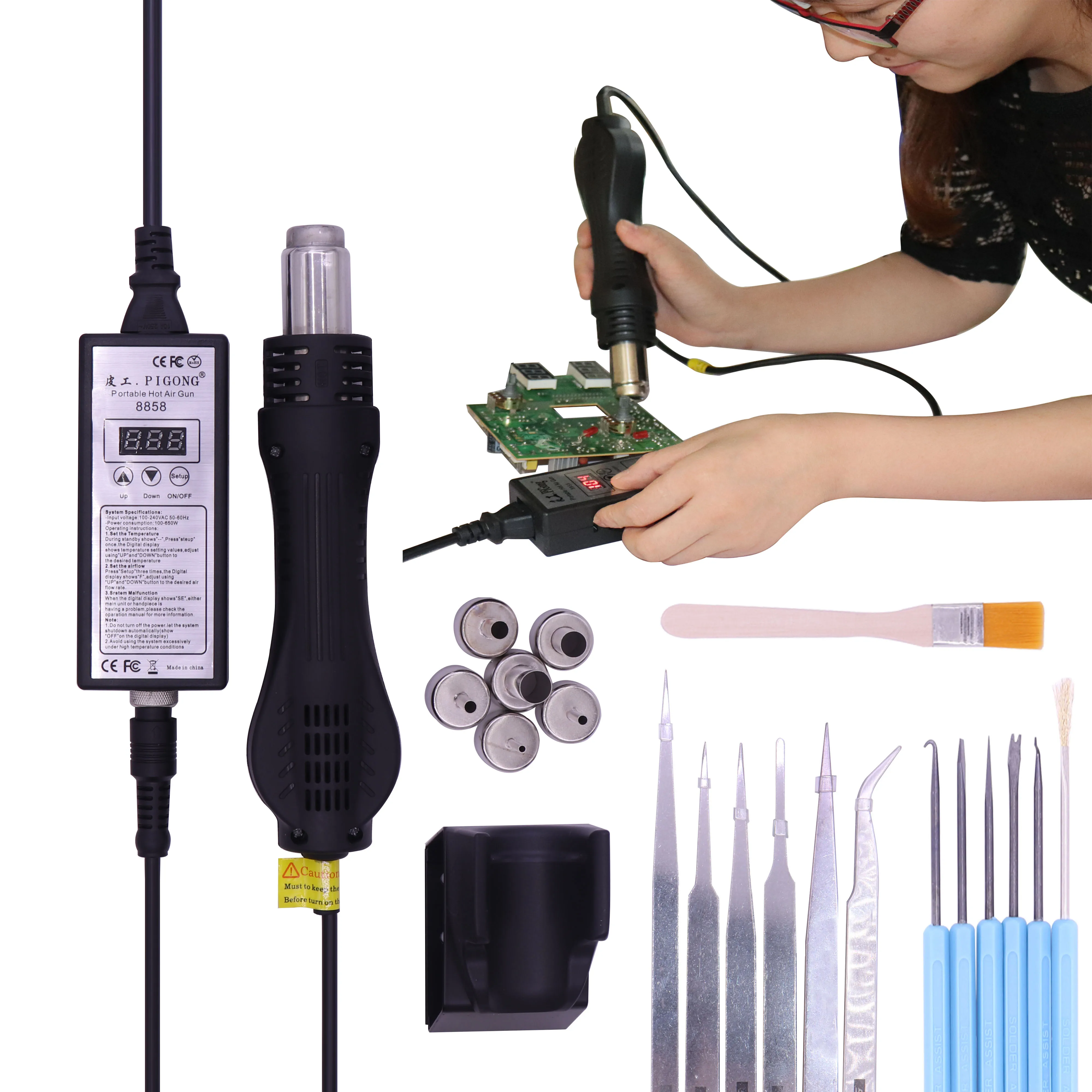 Baratos Pistola de calor de soplador de aire caliente 220V portátil de retrabajo BGA de alta calidad 8858 mejor pistola de aire caliente de mano 6 uds boquilla