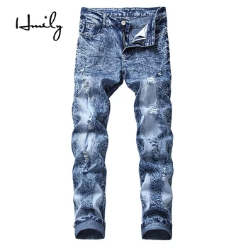 

HMILY Fashion Men's Biker Jeans Pants Straight Pleated Motocycle Denim Trousers Brand Designer High Quality Moto Pants