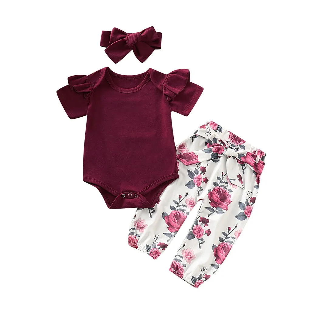 Комбинезон с короткими рукавами для маленьких девочек, Топы+ штаны с цветочным принтом+ набор повязок, наряды roupa infantil, Одежда для новорожденных, комплект одежды для малышей - Цвет: Wine