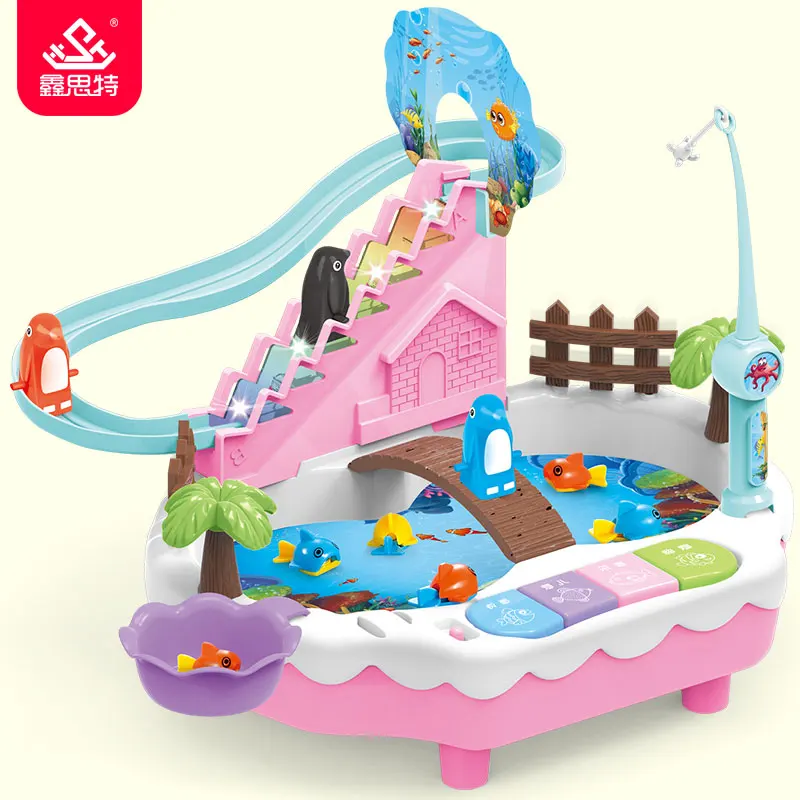 Kids Musical Fishing Game Toy Penguin Slide Fishing Rod