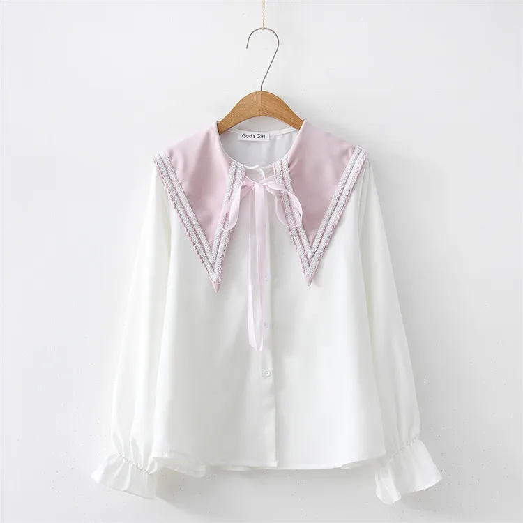 Опрятный стиль японская Harajuku розовая блузка Рубашки с матросским воротником японское кимоно белые шифоновые блузки с галстуком-бабочкой милые винтажные